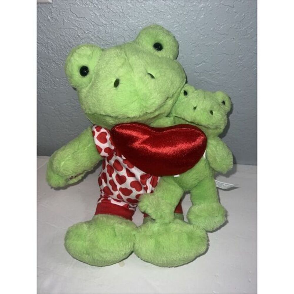 Build A Bear Spring Green Frog 16" Stuffed Plush Animal W Heart & Baby Frog